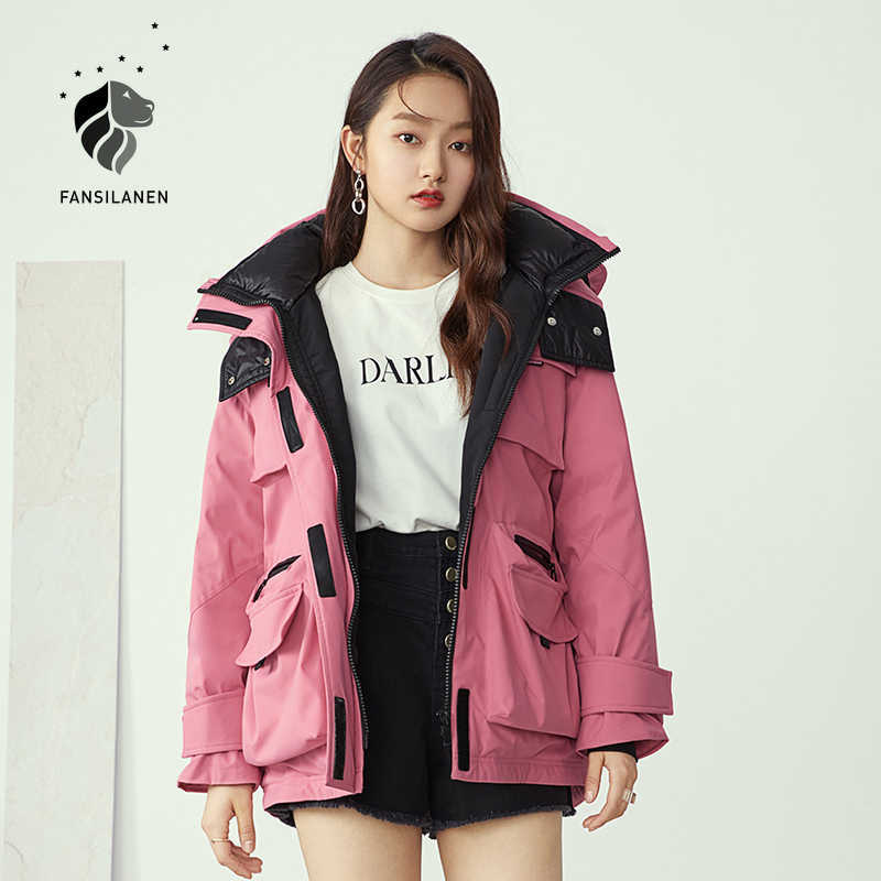 

FANSILANEN Pocket worker hooded short down jacket Women thermal feather strap casaul parka Female puffy white winter coat 210607
