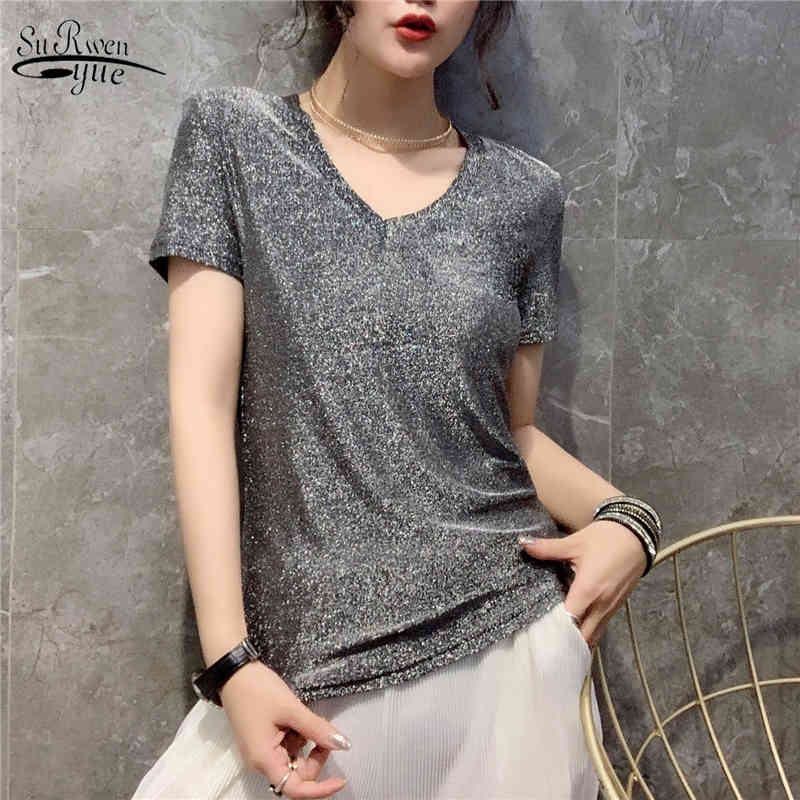 

Korean V-neck Blouse Women Blusas Mujer De Moda Summer Short Sleeve Lace Tops Elegant Office Lady Shirt Clothes 9748 210521, Silver