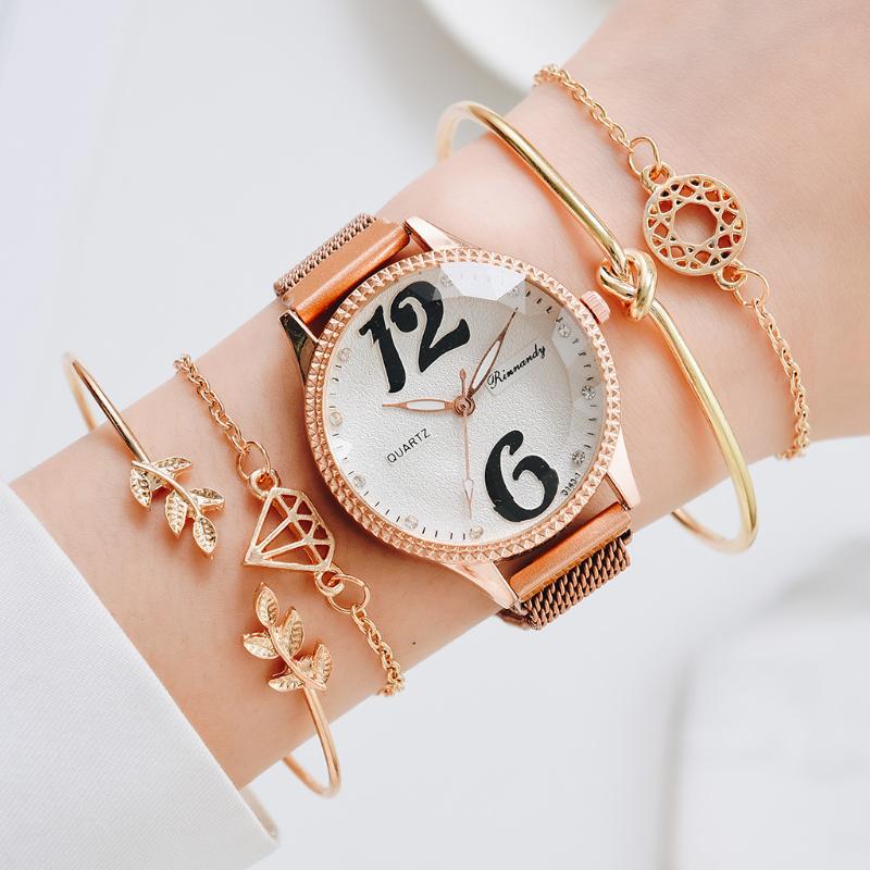 

Wristwatches Luxury 5pcs Set Watch For Women Magnet Arabic Numerals Unique Dial Ladies Watches Bracelet Rose Gold Clock Relogio Drop, Slivery;brown