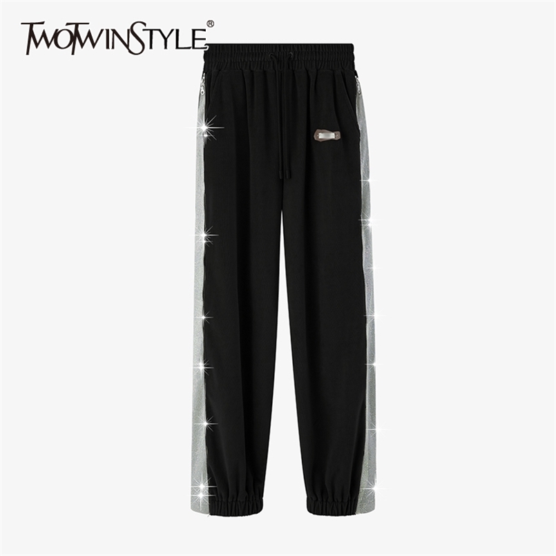 

Velour Patchwork Colorful Diamond Trouser For Women High Waist Lace Up Straight Casual Wide Leg Pants Female Spring 210521, Black