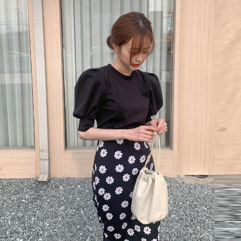 

retro floral womens tracksuits high waist hip mermaid skirt set fashion two piece women puff sleeve chiffon midi, Gray