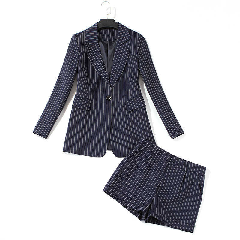 

women's temperament suit shorts s High quality striped long sleeve blazer femininity Slim office 210527