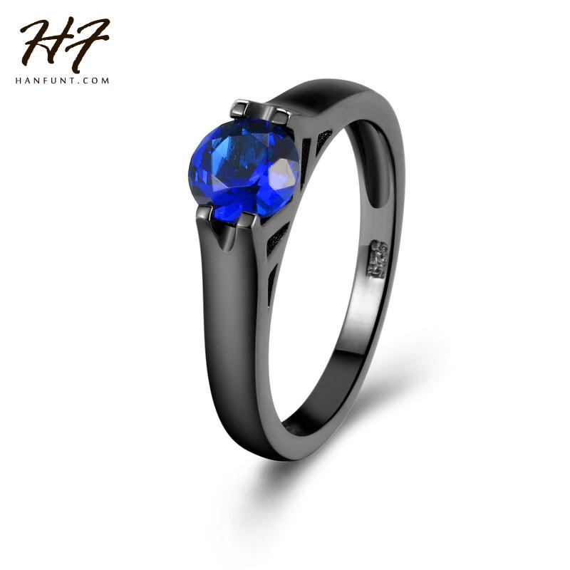 

Cluster Rings Fashion Top Quality Simple 6mm Blue CZ Crystal Black Ring Engagement Jewelry For Women Sale R621, Golden;silver