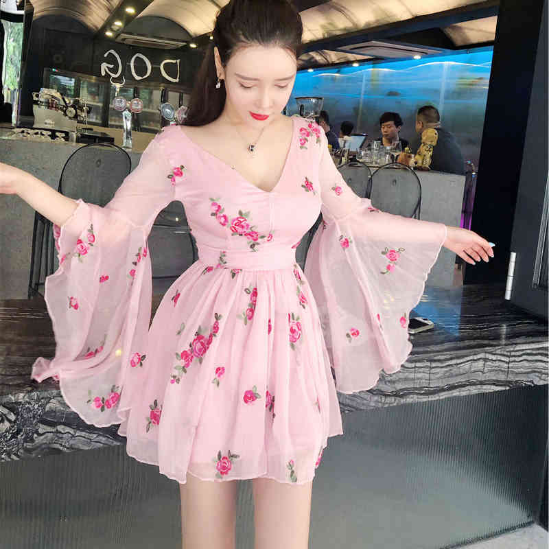Casual Dresses New Fashion Summer Women&#039;s Sweet V Collar Flowers Embroidered Pink Chiffon Dress Slim Flare Sleeve Girls Short 2DWH-image-699422065