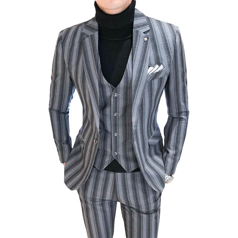 

Casual Striped Suit Men Korean Grey Business Wedding Slim Fit Mens Suits Costume Homme 3 Piece Plus Size 5XL Blazers Men, Blue