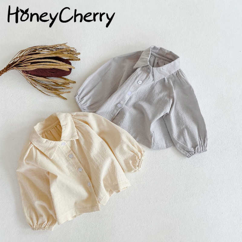 

spring baby cotton doll collar solid color models wild loose long-sleeved shirt girls blouses 210701, Gray