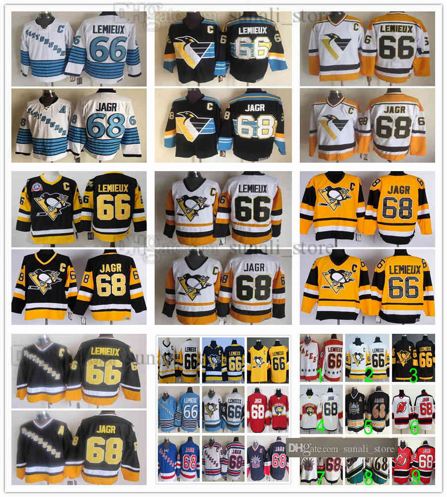 

Stitched Retro Men Hockey 66 Lemieux Jersey 68 Jaromir Jagr Vintage CCM Black White Yellow Blue Color Embroidery Fast Send