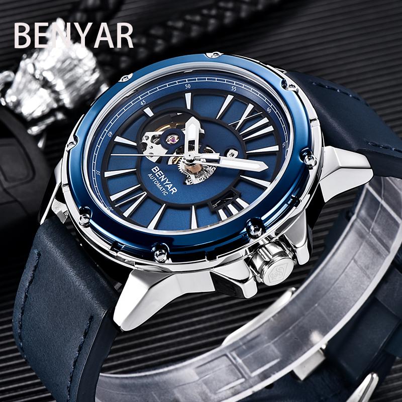 

Wristwatches BENYAR Men Mechanical Watches 3Bar Waterproof Sports Tourbillon Watch For Luxury Hollow Design Automatic, Gold blue