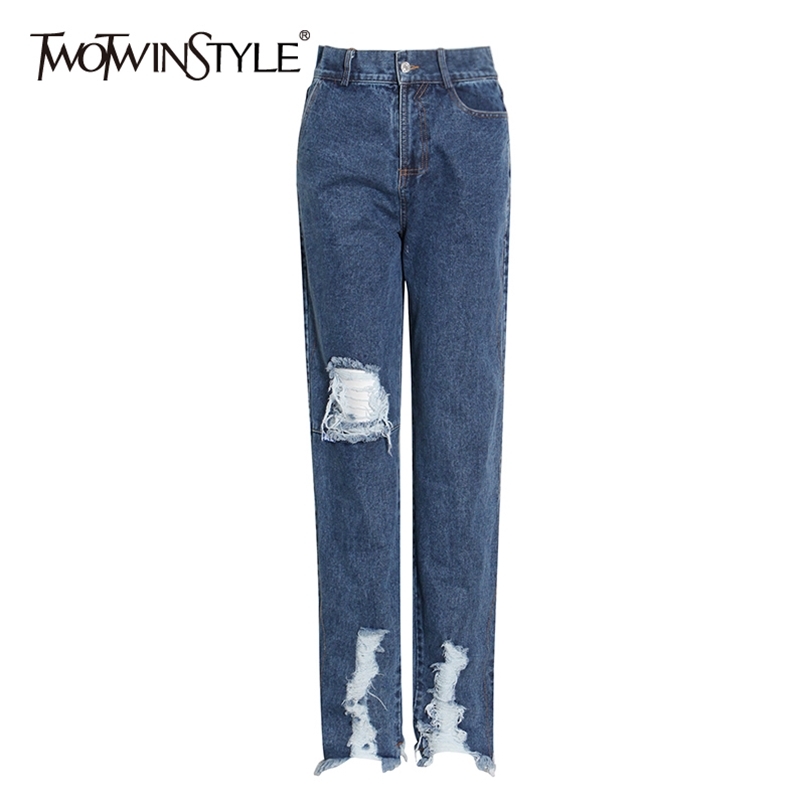 

Casual Hole Jeans For Women High Waist Patchwork Tassel Straight Streetwear Denim Pants Female Fashion Stylish 210521, Blue