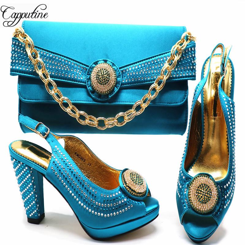 

Capputine Latest Design Pumps Women PU Leather With Stone Shoes And Purse Set Italian High Heels Bag For Party G53 Dress, Brown