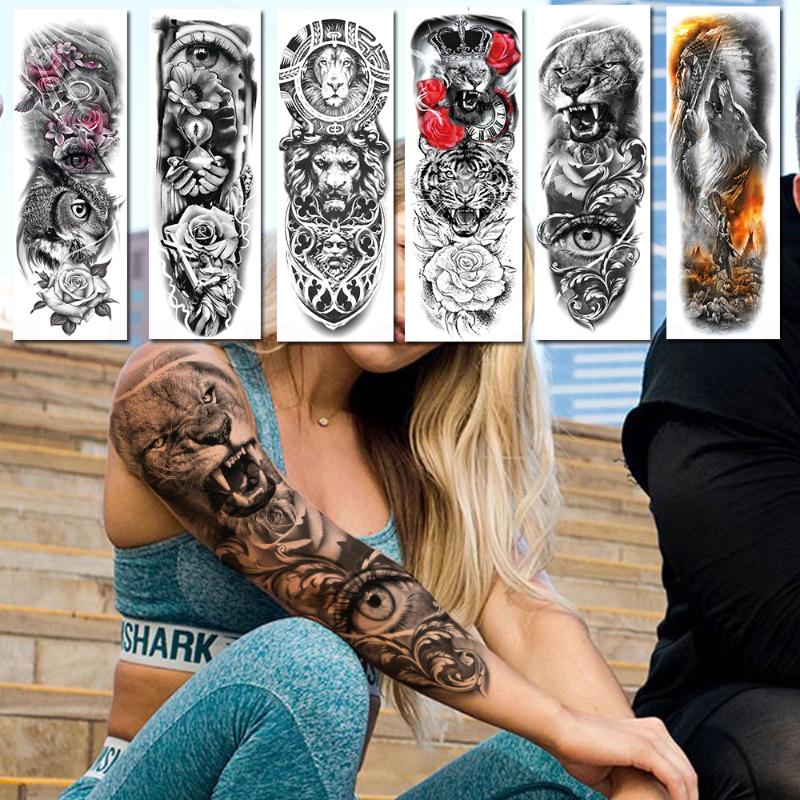 

Temporary Tattoos Black Cool Tiger Evil Eyes Realistic Fake Rose Lion Tribal Full Arm Legs Sleeve For Women Men