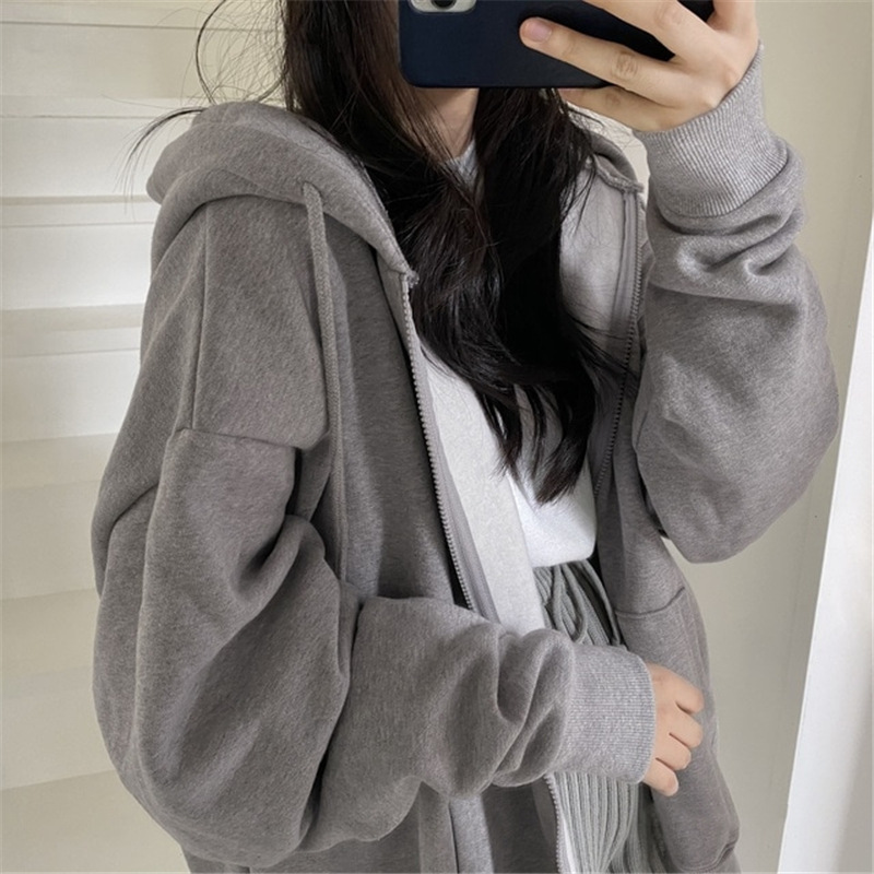 

Designer Zip Up Hoodies Women Korean Style Solid Color Oversize Hooded Sweatshirt Jacket Casual Long Sleeve Loose Coats Girls Ho, Ea01113-grey