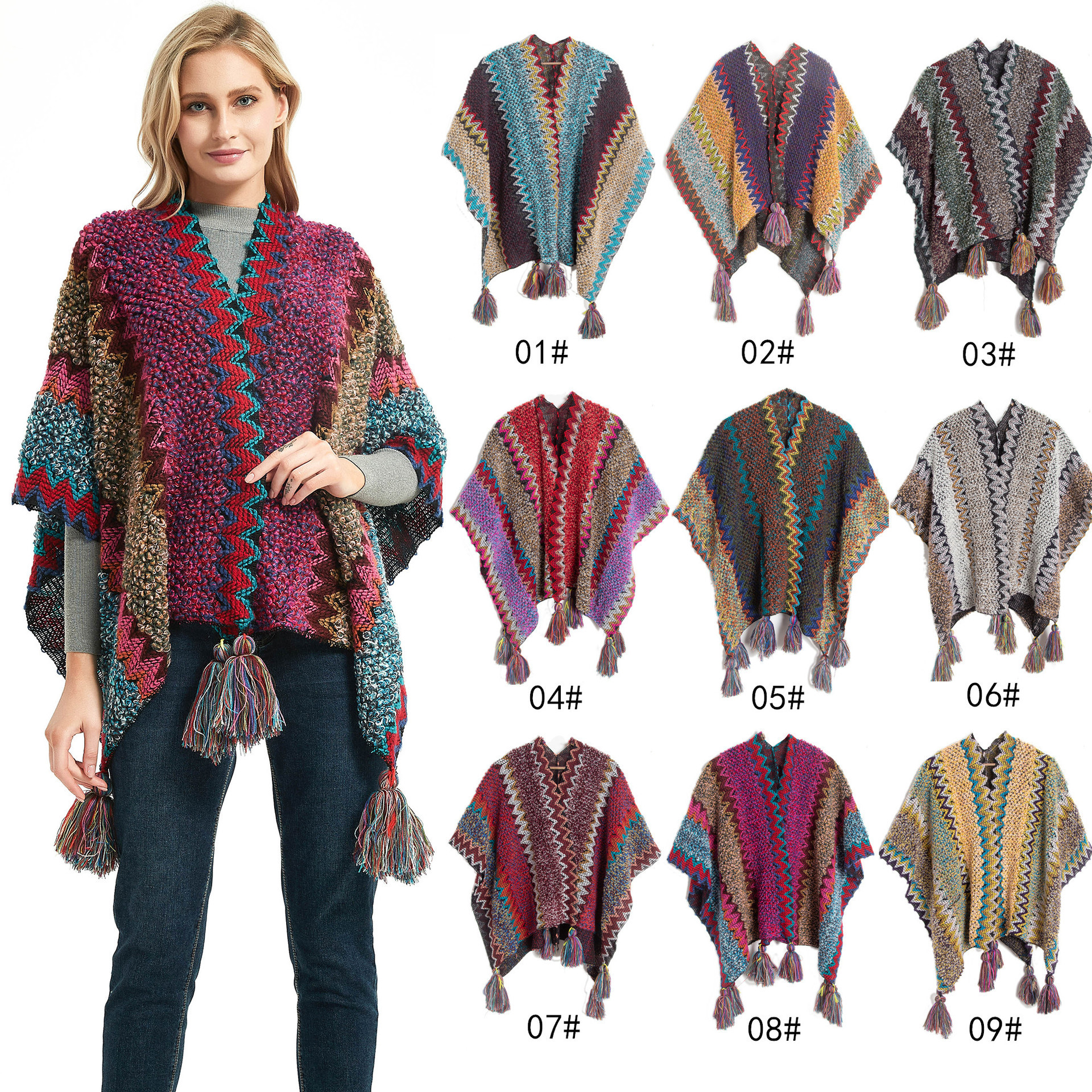 

Ethnic Style Wraps Colours Knitted Women Split Shawl Yunnan Tourism Hanging Cloak Spring And Autumn Winter Scarves 9Colors WMQ1306