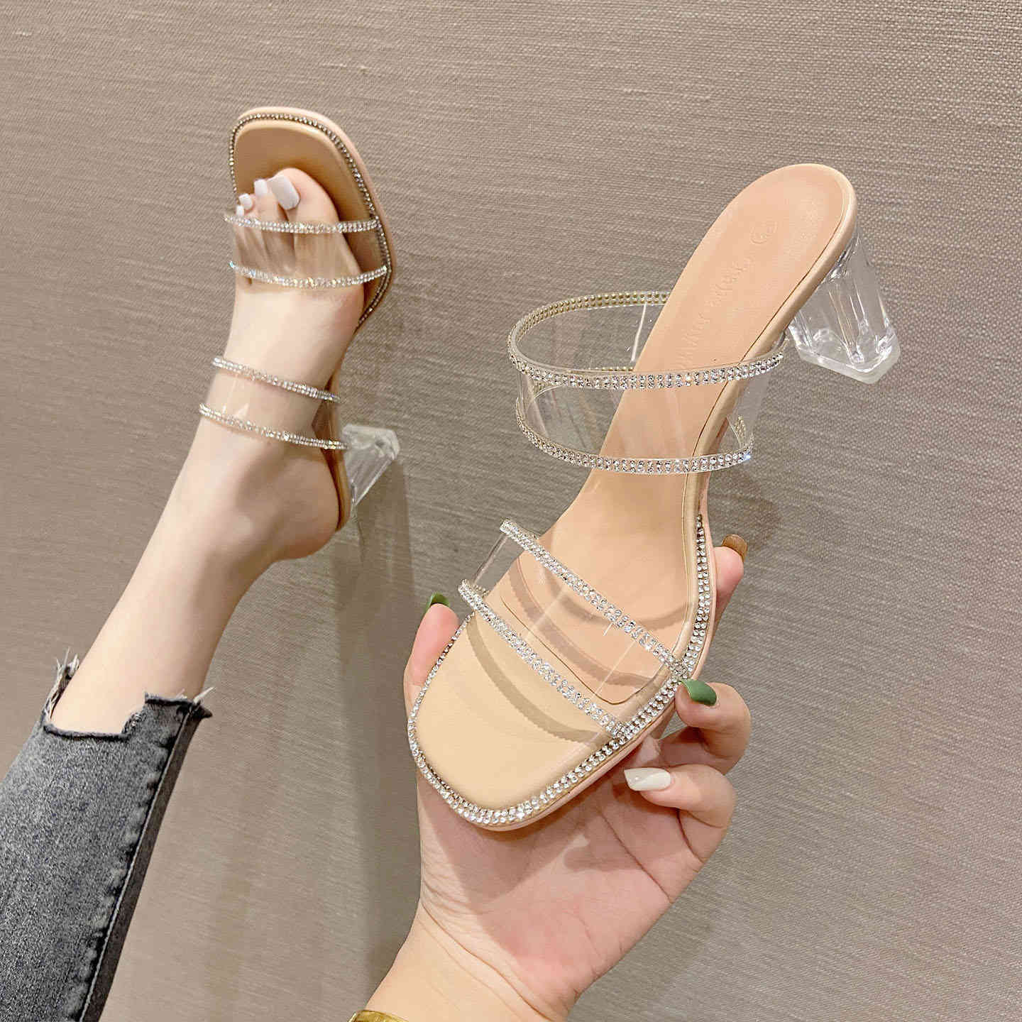 

sandals crystal Sandals women's Fashion summer flash diamond transparent thick heel high s middle 208-13 E6NR, 1# shoe box