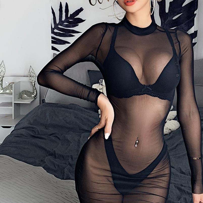 

Sexy See Through Mesh Women Dresses Sheer Bikini Cover Up Swimwear Long Sleeve One Piece Beach Dress Summer Clubwear Party, As picture