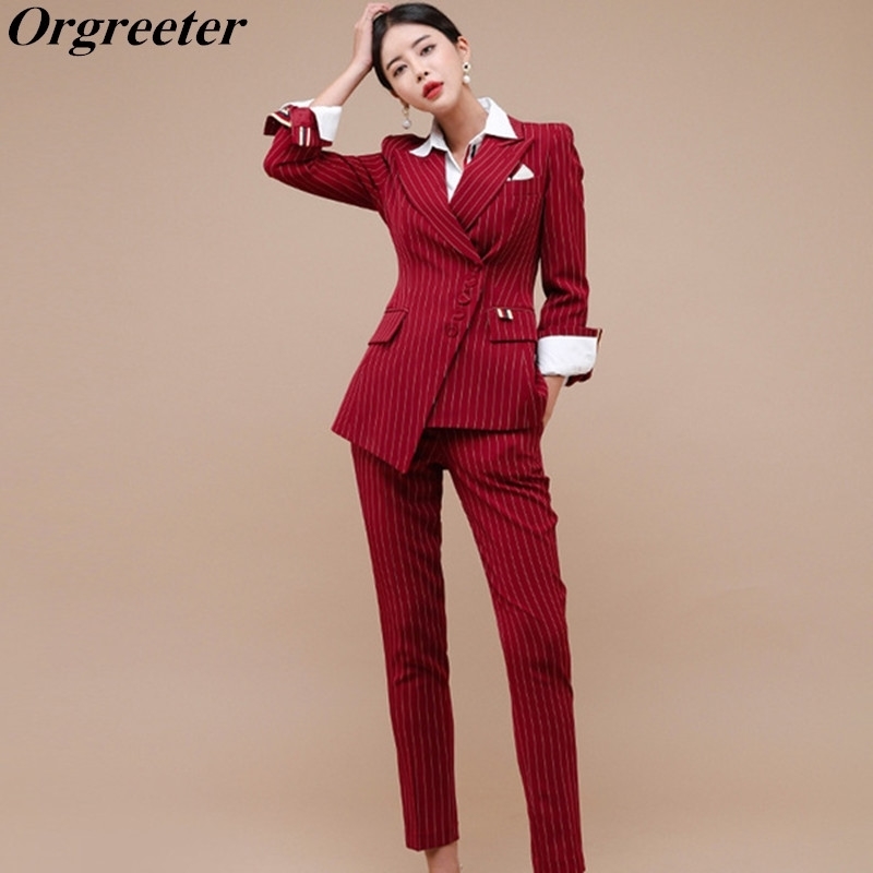

Oblique Single Breasted Blazer With Pant Suits For Women Winter Red Striped 2 Piece Set Formal Office Work Jacket Outwear 210525