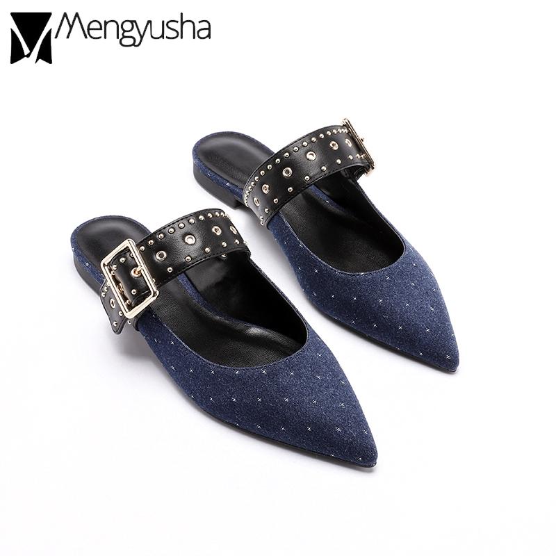 

Slippers European Punk Mules Woman Summer Rivets Flat Female Metal Stud Strap Slingback Fashion Slides Pointy Women Beach Shoes, Black