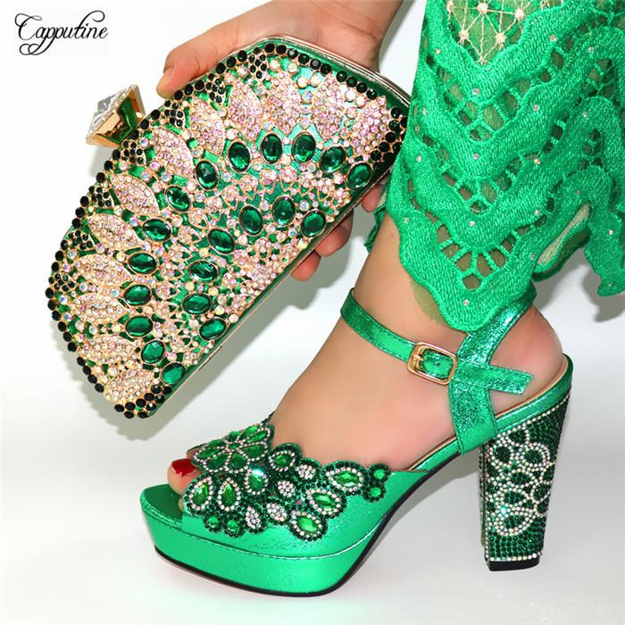 

Dress Shoes Graceful Green Wedding/Party Matching Sandal And Clutch Handbag Set With Stones CR178, Height 11.5cm, As pic