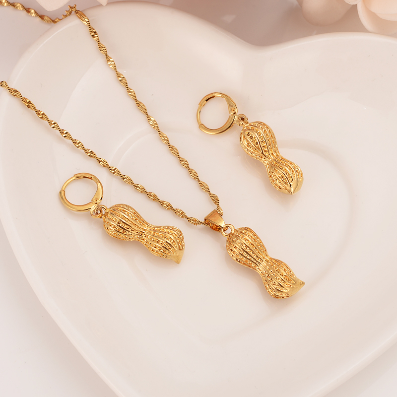 18k Solid Fine Gold F Dubai India peanut vintage dangle Earrings Necklace Jewelry Sets party jewellery-image-678624261