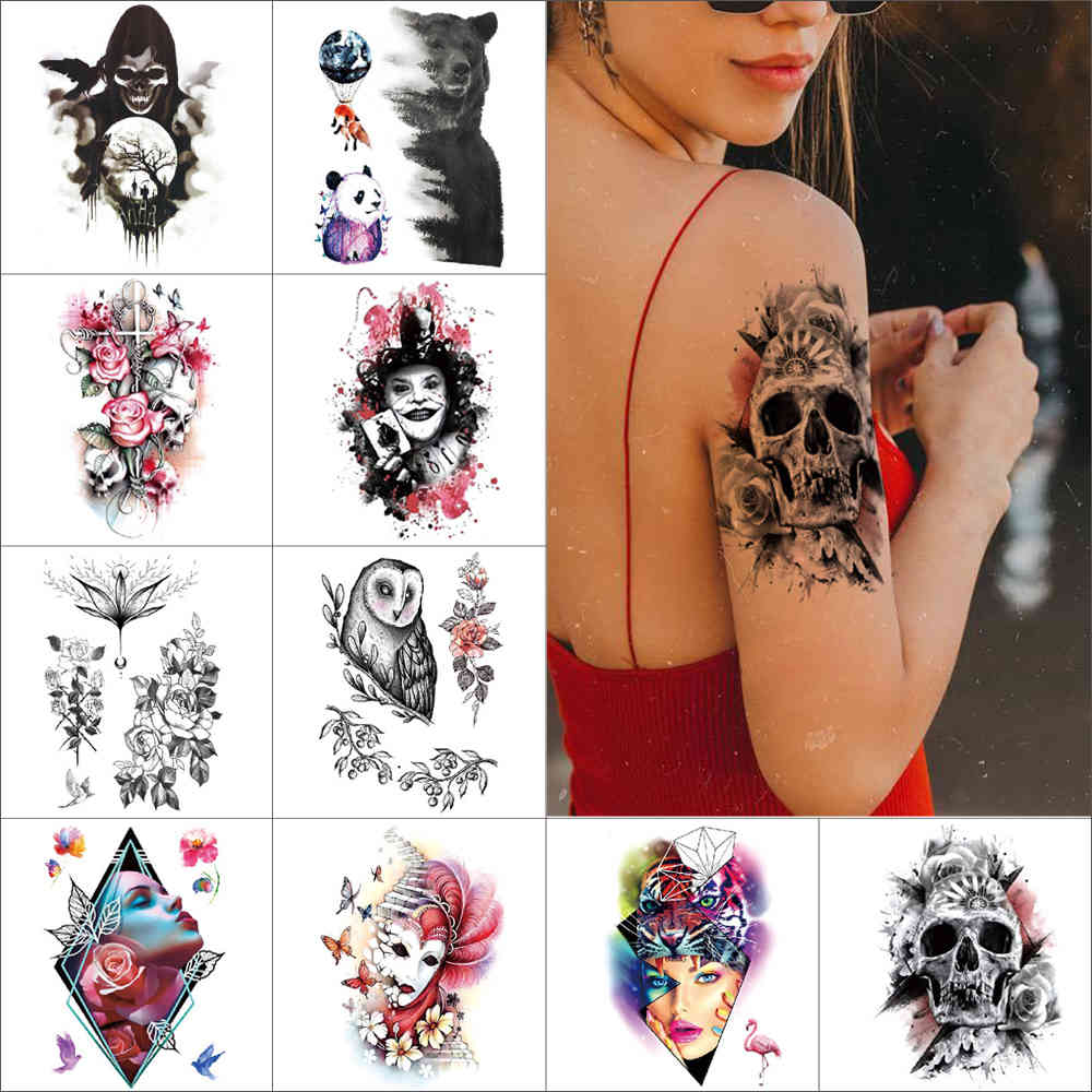 

Woman temporary Rose peony flower Waterproof demon devil skull body stickers wolf deer Fake tattoo