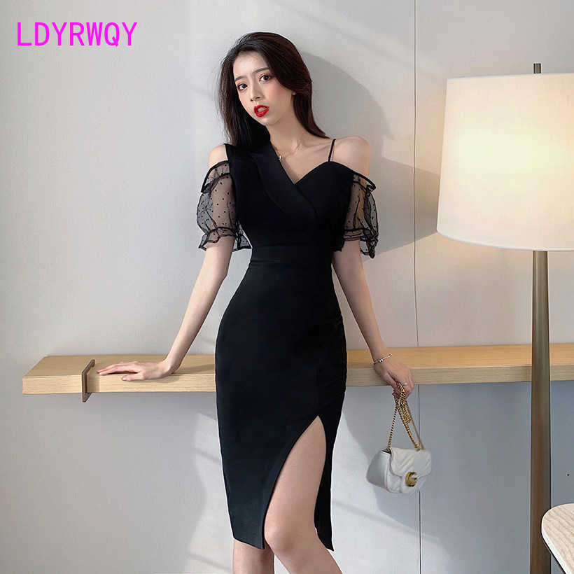 

[LDYRWQY] Black Light-Fashion Slim Fit Split Mesh Dress Knee-Length Sheath Office Lady Polyester 210603