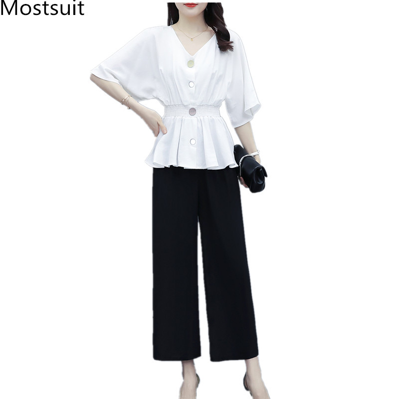

Summer Office Fashion Two Piece Sets Women Single-breasted Tunic Tops + Wide Leg Pants Suits Plus Size Korean Casual 210518, Picture color
