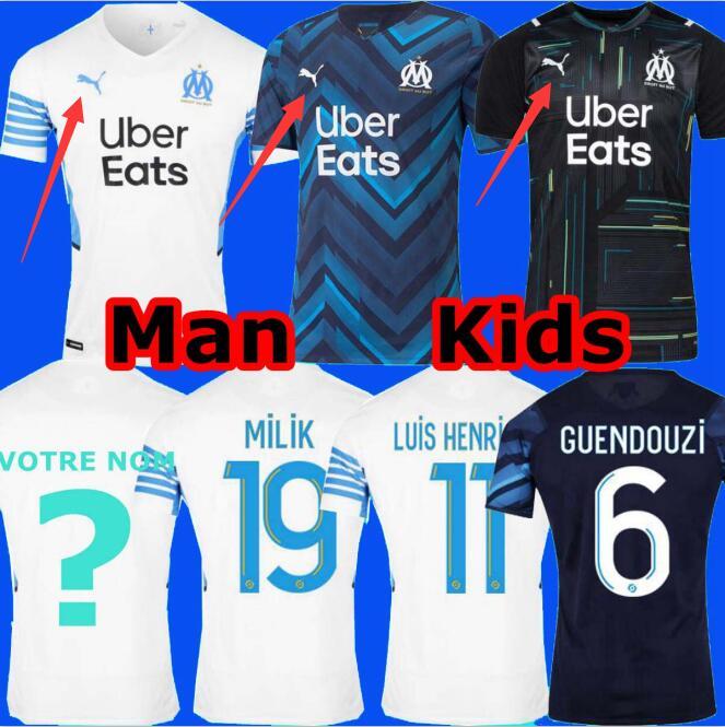 

21 22 Marseille soccer jerseys Olympique De 2021 2022 OM MILIK maillot foot LUIS HENRIQUE ALVARO THAUVIN BENEDETTO GERSON GUENDOUZI football shirts men kids kit, 21-22 away kids