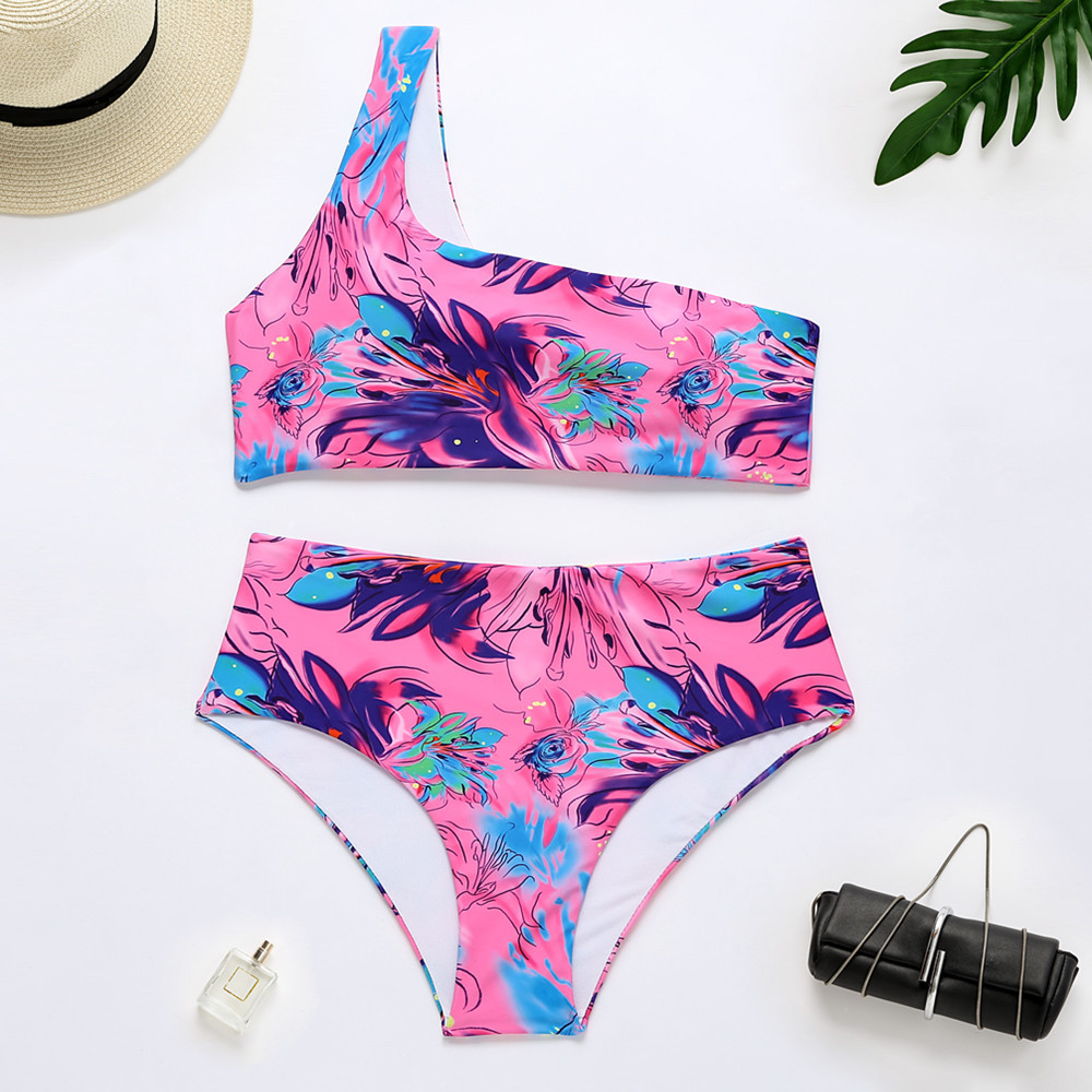 

Sexy Bikinis Women Swimsuit High Waisted Bathing Suits Swim One Shoulder Push Up Bikini Set Brazilian Swimwear Female 210520, Pink