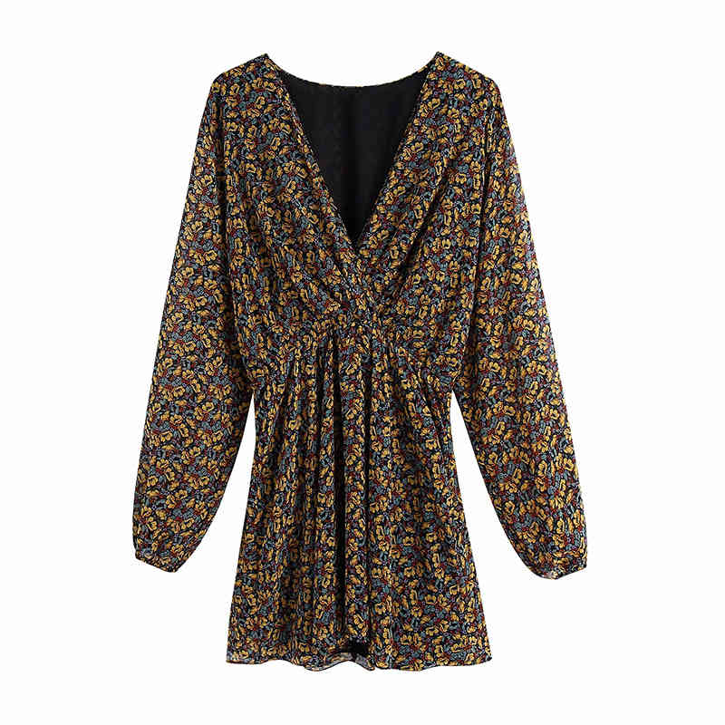 

Women Chic Fashion Floral Print Pleated Mini Dress Vintage Long Sleeve Elastic Waist Female Dresses 210520, Multi