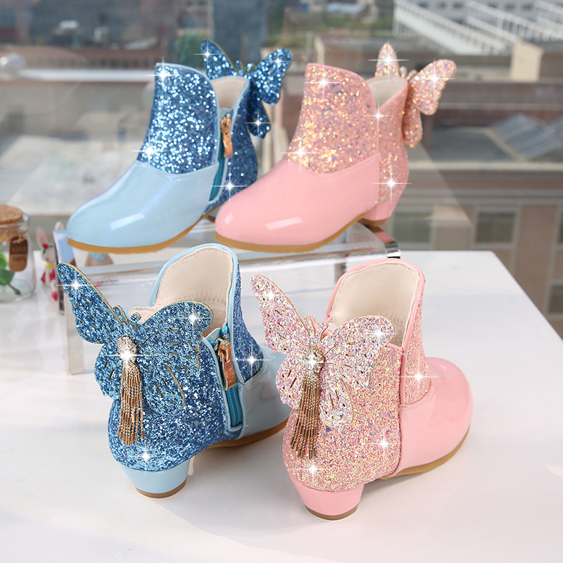 

Girls leather boots high heel plus velvet warm 3-12 years old mid-range cotton boots 2020 autumn and winter girl princess boots one, Black;grey