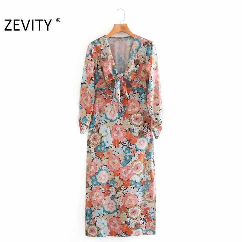 

Zevity Women Sexy Deep V Neck Knotted Floral Print Casual Slim Midi Dress Female Pleats Long Sleeve Split Party Vestido DS4634 210603, As pic ds4634ld