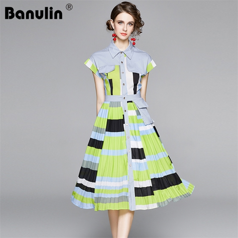 

Summer Runway Women Turn Down Neck Short Sleeve Vintage Stripe Print Midi Dress Vestidos Robe Femme clothes 210603, Turquoise
