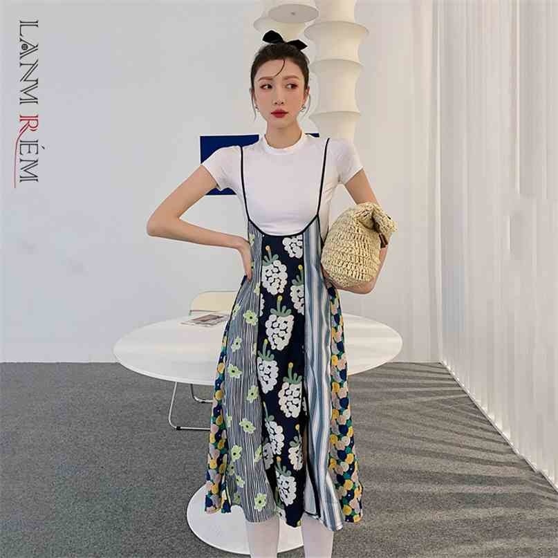 

Women Printing Stitching Color Split Vintage Sling Suspender Dresses Fit Lady Fashion Summer 2H123 210526, As picture shown