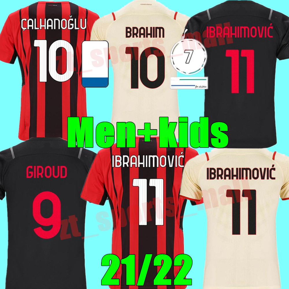 

AC milan 21 22 soccer jersey home away 3rd IBRAHIMOVIC BRAHIM BENNACER KESSIE ROMAGNOLI CALHANOGLU 2021 2022 football shirt TONALI REBIC maillot adult men + kids kit, Adult away+league patch