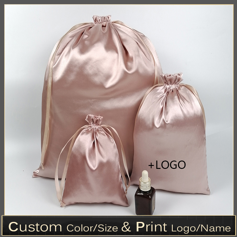 

20PCS Custom Rose Gold Silk Satin Drawstring Bag Makeup Shoes Clothes Virgin Hair Extensions Wigs Packaging Bags Storage 220214