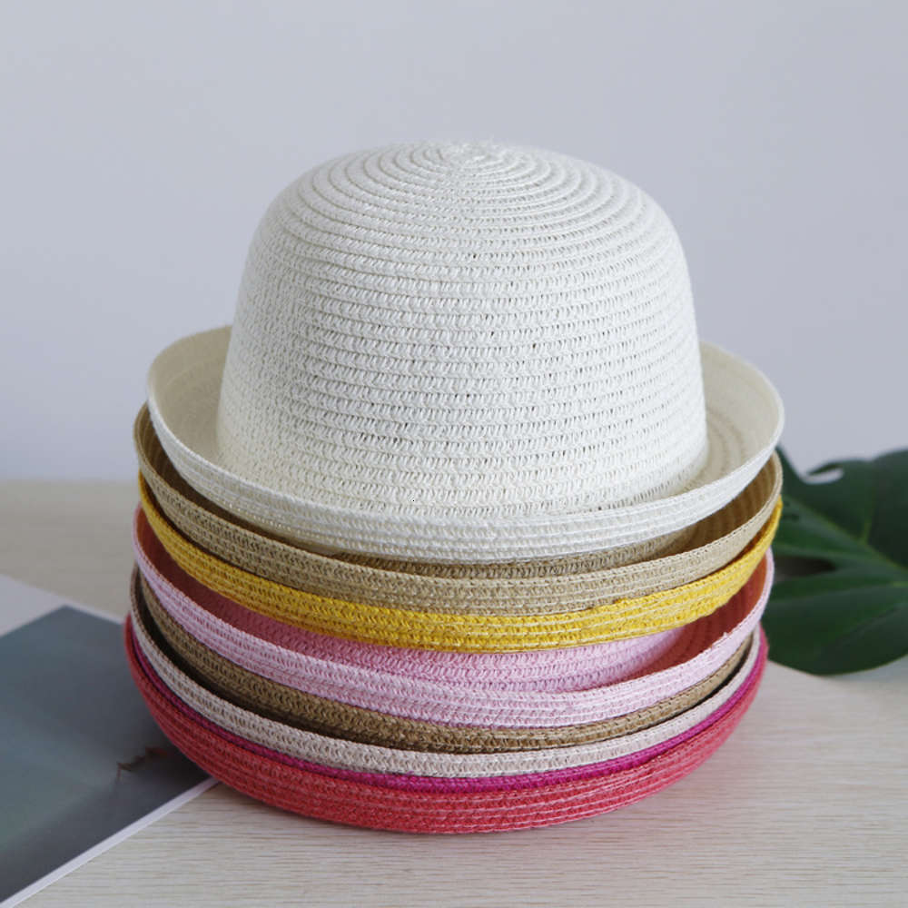 

Korean straw hat Xia Tiannan women's curled small round parent-child children's ball top sun, Yellow