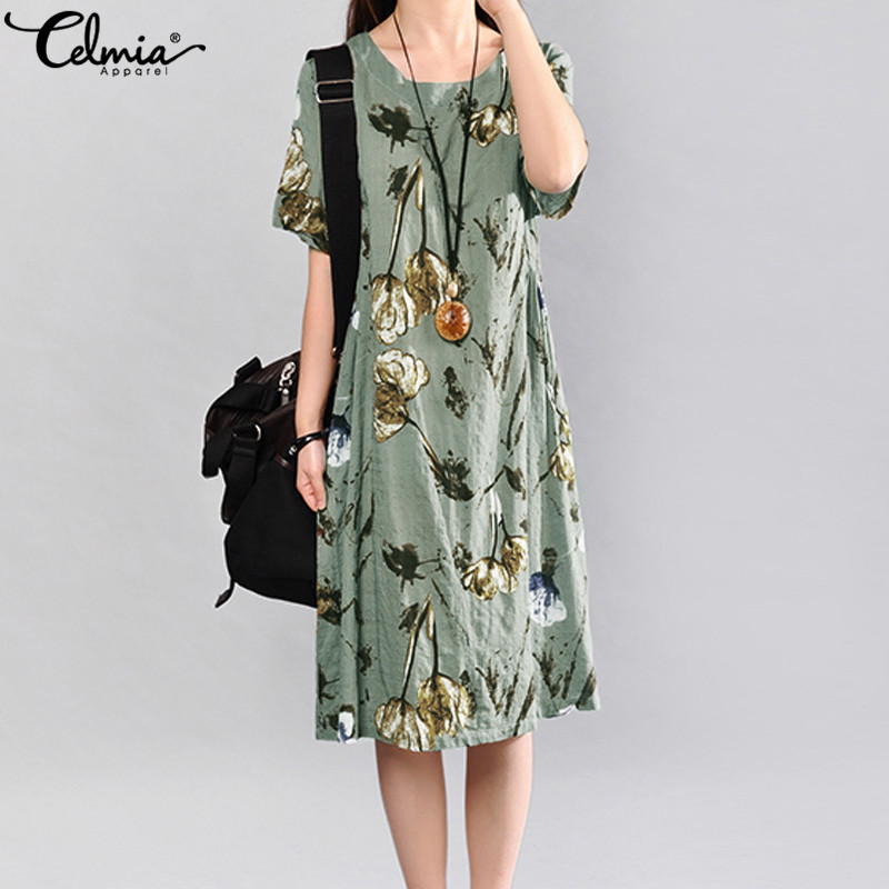 

Celmia Summer Sundress Women Bohemian Floral Printed Dress Ladies Short Sleeve Casual Female Bohemian Midi Dress Plus Size 5XL, Beige