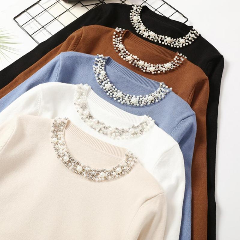 

Women's Sweaters Casual Women Autumn Winter Solid Beads Decor Neck Loose Knitwear Sweater Faux Pearl Cuff 2021, Brown