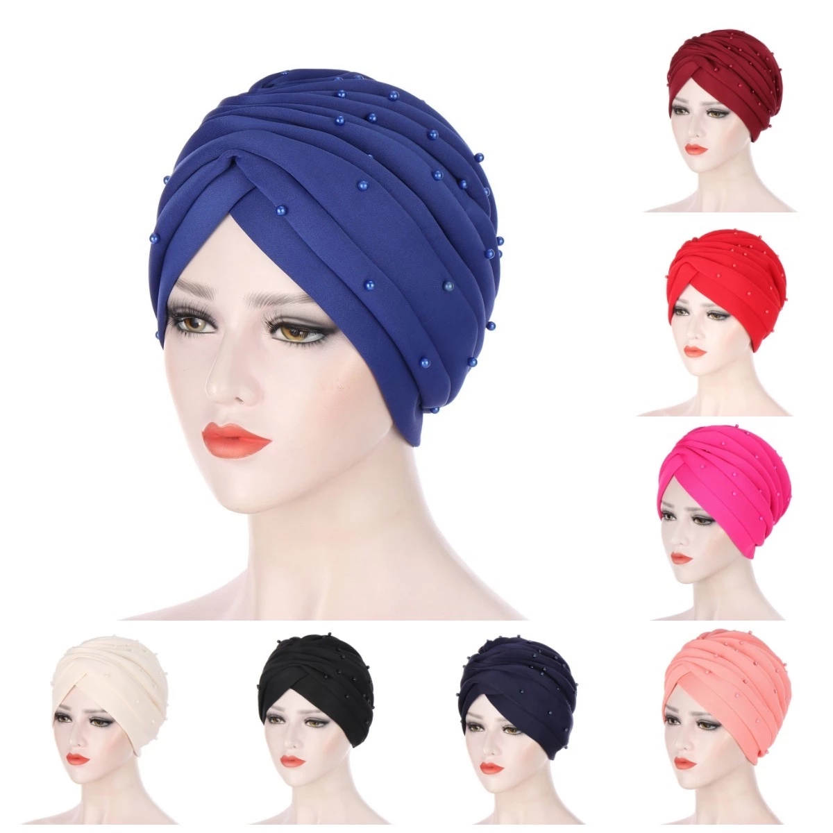 

Women Solid Color Fashion Muslim Beanies Hats Elastic Ruffle Cotton Chemo Cap Year's Accessories