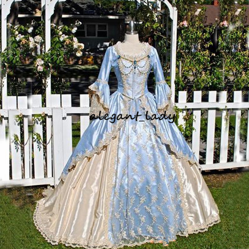 

Vintage Victorian Wedding Dress Medieval Gothid Bridal Gown Champagne Light Sky Blue Long Bell Sleeves Appliques Scoop Neck wedding gown, White