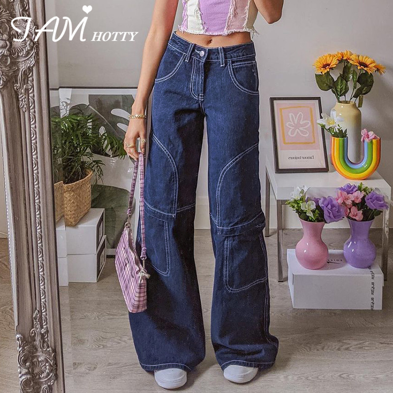 

y2k Thread Pockets Patched Wide Leg Oversize Jeans Women Fashion Streetwear 90s Aesthetic Mom High Waist Baggy Denim Iamhotty, Blue
