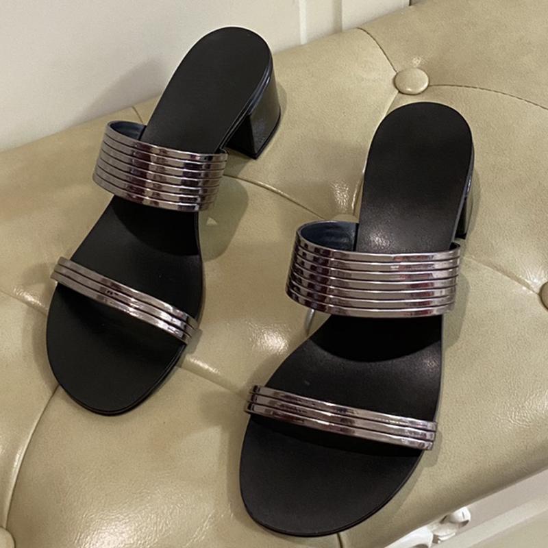 

Summer Luxury Design Women Slippers Party Sexy High Heel Shiny Metal Upper Ladies Sandals Imported Sheepskin Open Toed Shoes, As picture