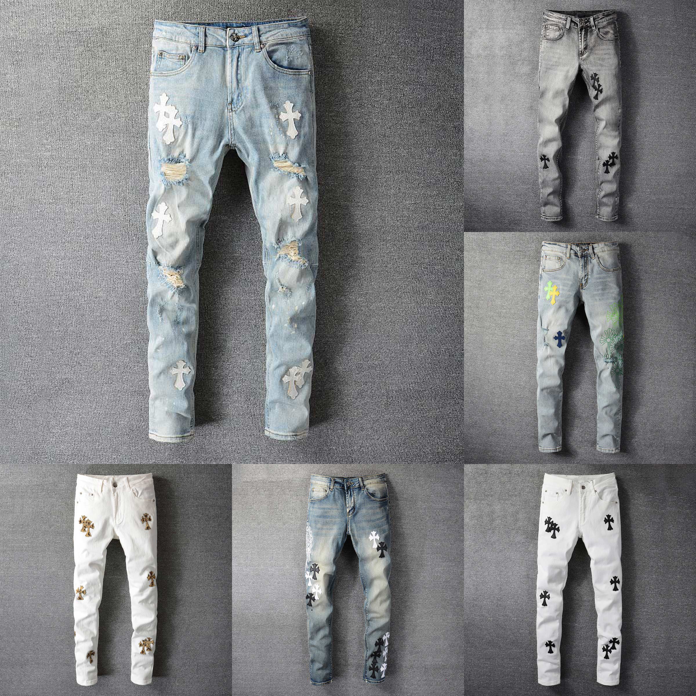 

2021 Mens Deigner Jeans Cross Decoration Badge Rips Stretch Black Men Jean Fashion Slim Fit Washed Motocycle Denim Pants Panelled Hip HOP Trousers, Opp bag bot sale