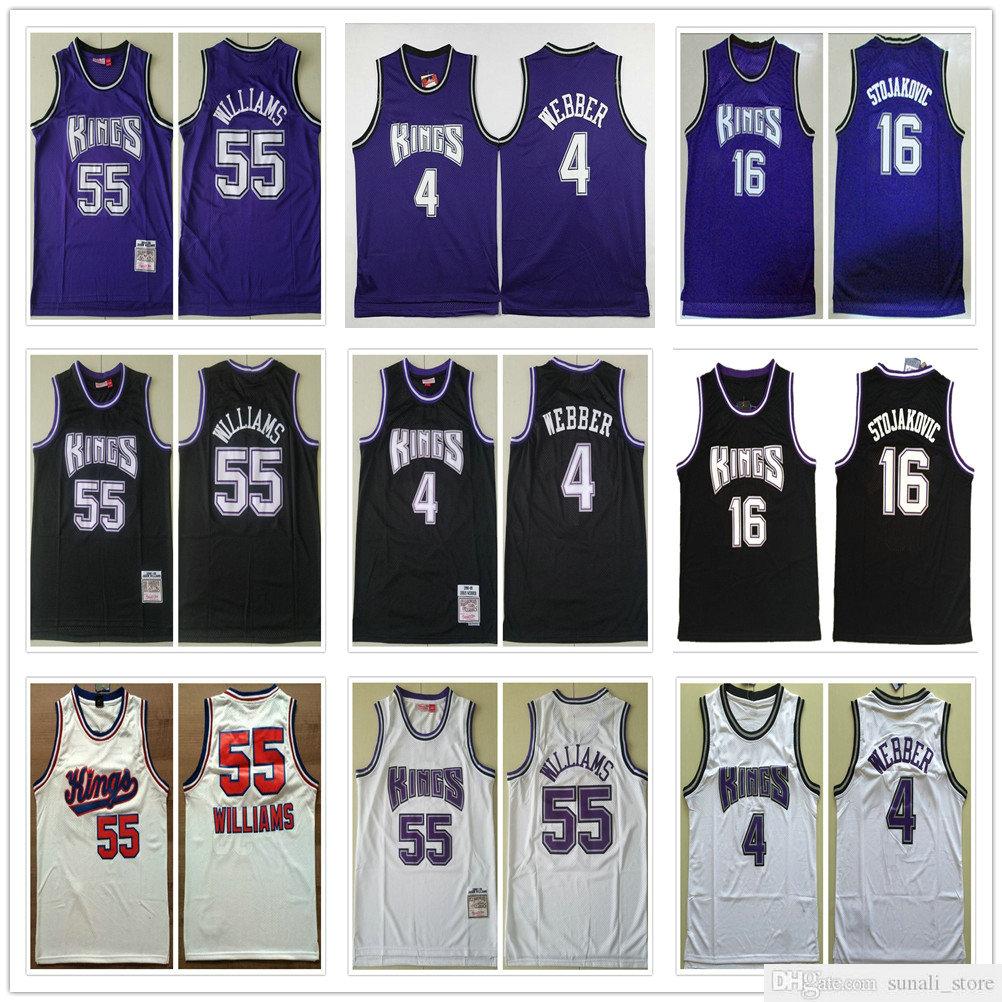 

Stitched Mesh Men Chris 4 Webber Jerseys Vintage White Purple Black Color Peja 16 Stojakovic Jason 55 Williams Basketball College Shirts, Black;red