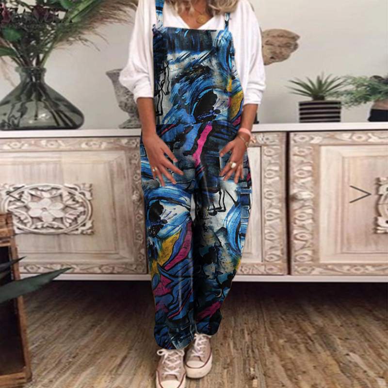 

ZANZEA Women Jumpsuits Summer Rompers Vintage Floral Printed Overalls Casual Straps Cotton Linen Playsuits Suspenders Plus Size, Green