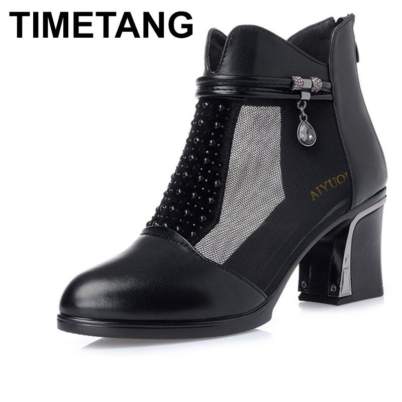 

Summer Genuine Leather Women's Sandals Hollow High-heeled Pumps Mesh Shoes Fashion Hand-made Brand Women, Black