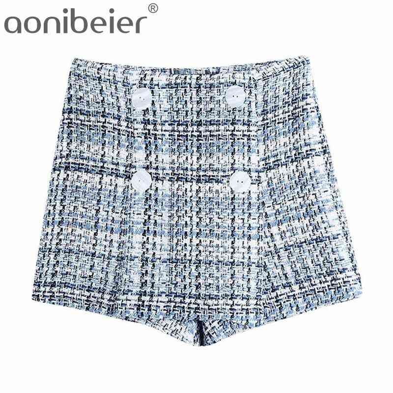 

Spring Blended Textured Women Casual Plaid Shorts Female Skorts Double Breasted High Waist Straight Bottoms 210604