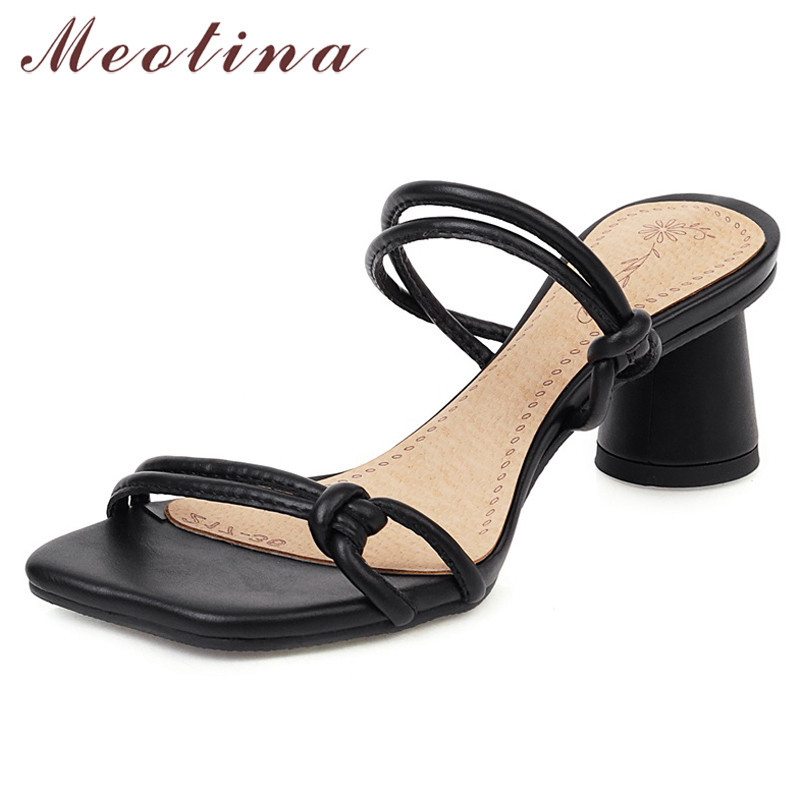 

High Heel Slippers Women Shoes Square Toe Block Heels Ladies Slides Summer Causal Sandals Female White Pink Big Size 210517, Black