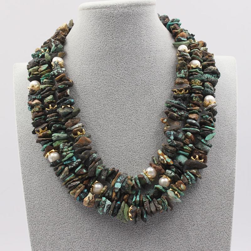 

Chokers GuaiGuai Jewelry 3 Rows Natural White Pearl Mix Color African Turquoises Rough Nugget Necklace Handmade For Women