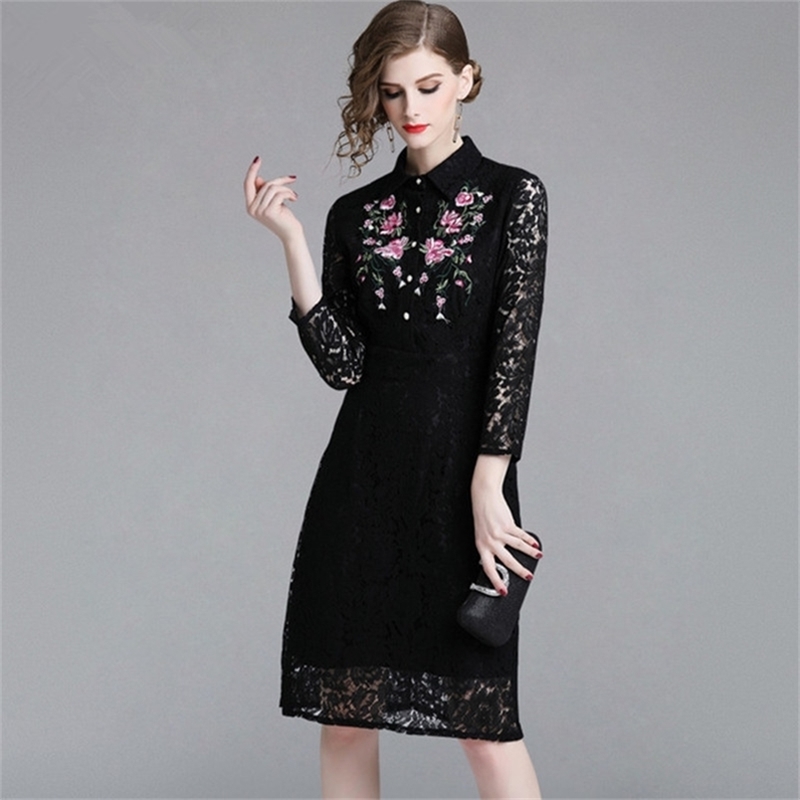 

HIGH QUALITY Spring Fashion Vintage Lace Dress Floral Embroidery Hollow Out Elegant Slim Women Evening Party Dresses 210603, Picture color